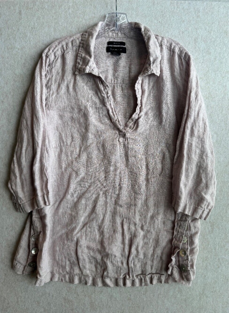 Tahari 100% Linen Popover Tunic Top Womens 1X Blush Pink Collared Side Buttons
